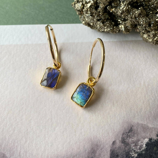 Gold Modern Hoops | Labradorite