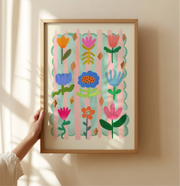 Floral Art Print | Summer Blue + Pink Stripe A4