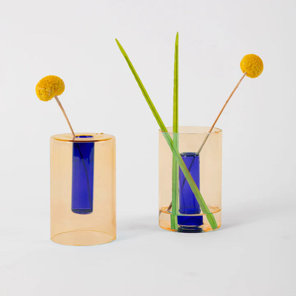 Glass Reversible Vase | Small Cylinder Cobalt + Peach