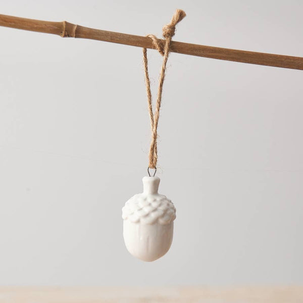 White Hanging Acorn Decoration, 4.5cm